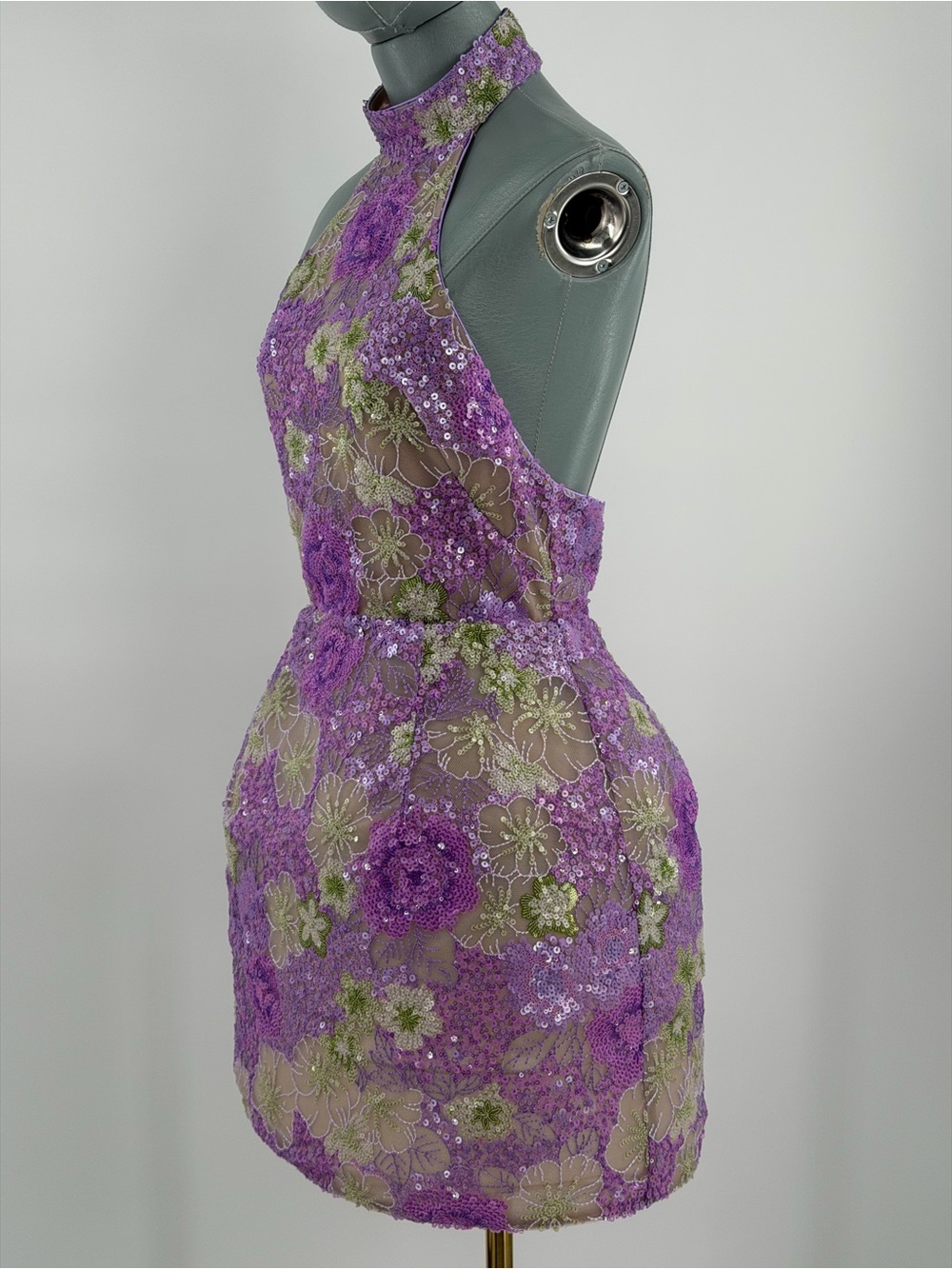 🆕 BRONX & BANCO 🧿 NWOT Deidre Floral Sequin Halter Mini Dress, Lilac Sz S US 4 - Picture 7 of 16